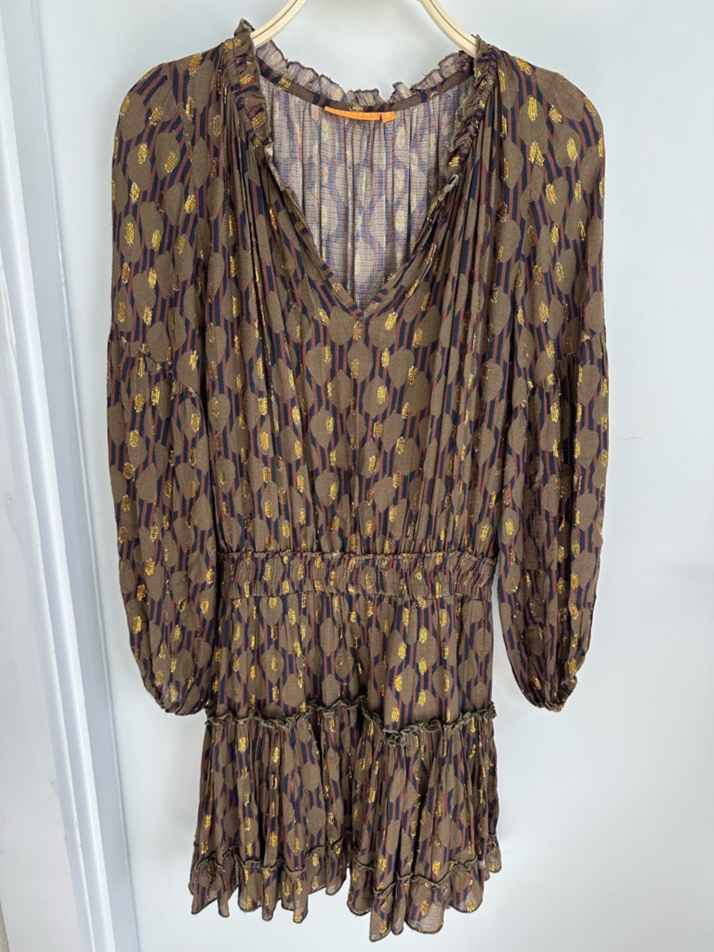 Oliphant Brown and Gold Metallic Long-Sleeve Tiered Mini Dress